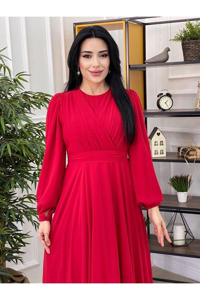 Şifon Tam Tur Elbise 12373 Kırmızı