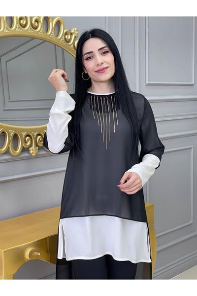 Şifonlu Kolyeli Takım Siyah