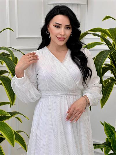 Sim Baskılı Tül Elbise 6675 T-24 Beyaz