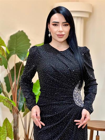 Sim Benek Bel Detay Elbise 4766 T-25 Siyah