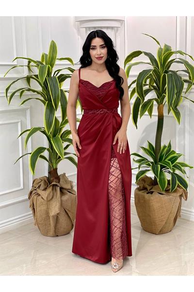 Sim Detay Saten Abiye 2461 Bordo