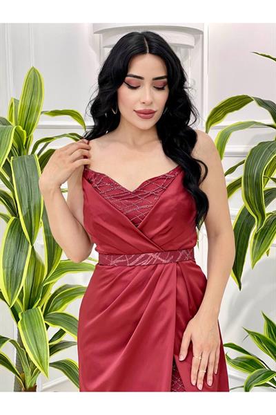 Sim Detay Saten Abiye 2461 Bordo