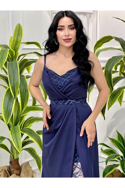 Sim Detay Saten Abiye 2461 Lacivert