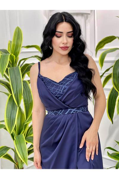 Sim Detay Saten Abiye 2461 Lacivert