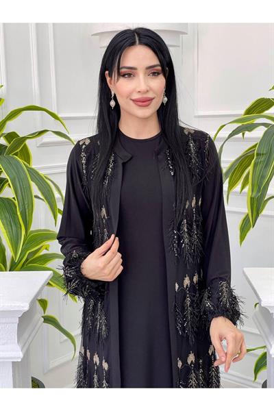 Sim Güpürlü Abaya Takım 882 Siyah