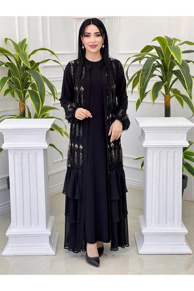 Sim Güpürlü Abaya Takım 882 Siyah