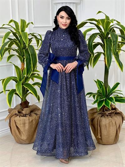 Sim Puantiye Organze Elbise 4530 T-24 Lacivert