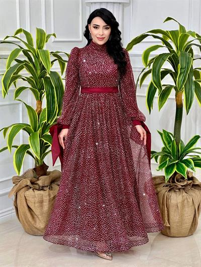 Sim Puantiye Organze Elbise 4530 T-24 Bordo