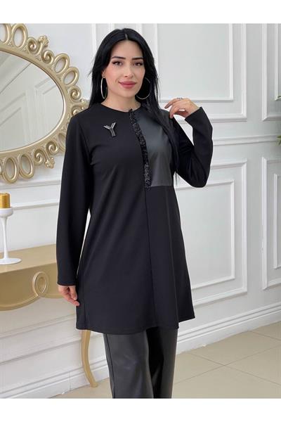 Sim Şerit Derili Tunik 683 Siyah