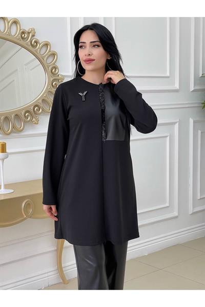 Sim Şerit Derili Tunik 683 Siyah