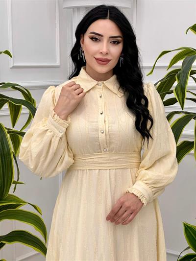 Sim Şerit Detay Elbise 1578 T-24 Krem