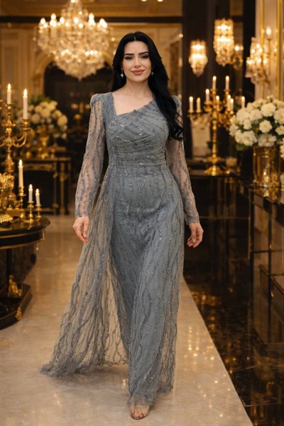 Simetri Yaka İşlemeli Abiye 5226 T-26 Mint yeşili