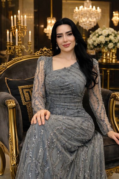 Simetri Yaka İşlemeli Abiye 5226 T-26 Mint yeşili