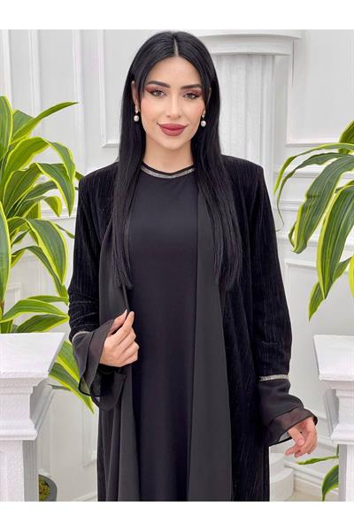 Simli Abaya Takım 7126 Siyah