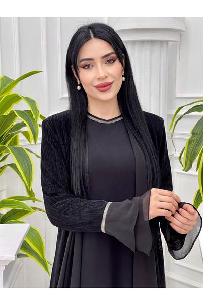 Simli Abaya Takım 7126 Siyah