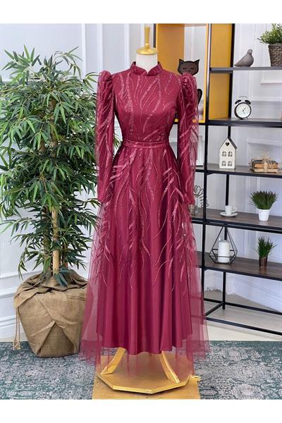 Simli Abiye 18055 Bordo