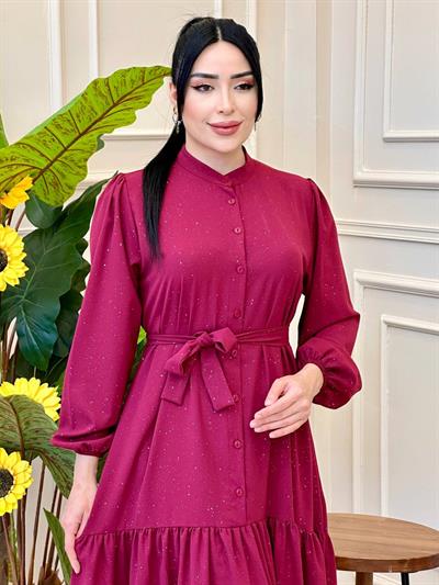 Simli Düğmeli Elbise 381 e-025 Bordo