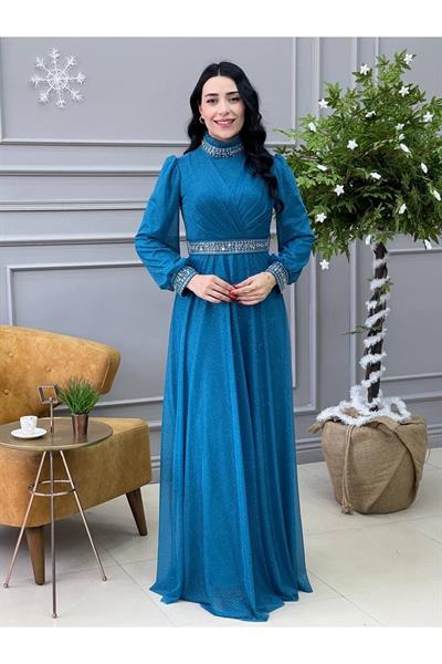 Simli Elbise 3863 İndigo Mavi