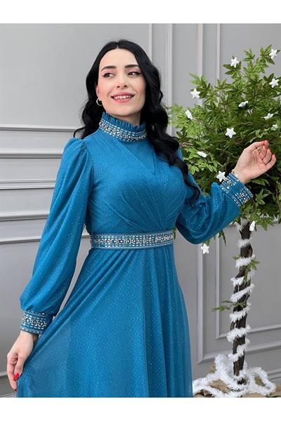 Simli Elbise 3863 İndigo Mavi