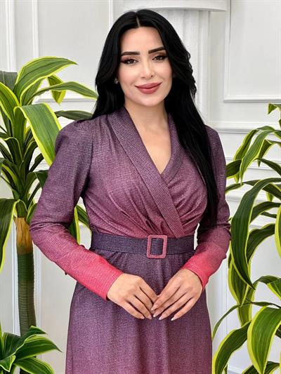Simli Kemerli Elbise 4427 t-24 Nar Çiçeği