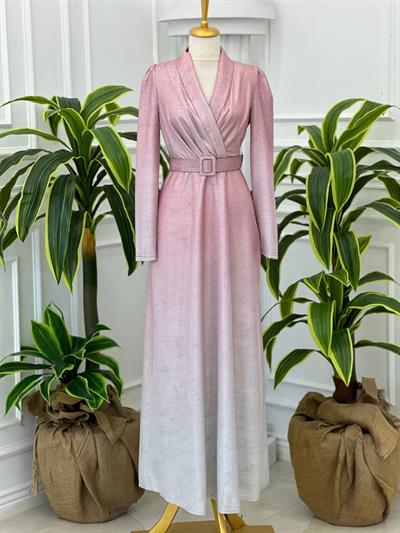 Simli Kemerli Elbise 4427 t-24 pembe