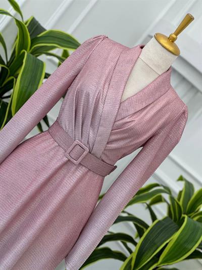 Simli Kemerli Elbise 4427 t-24 pembe