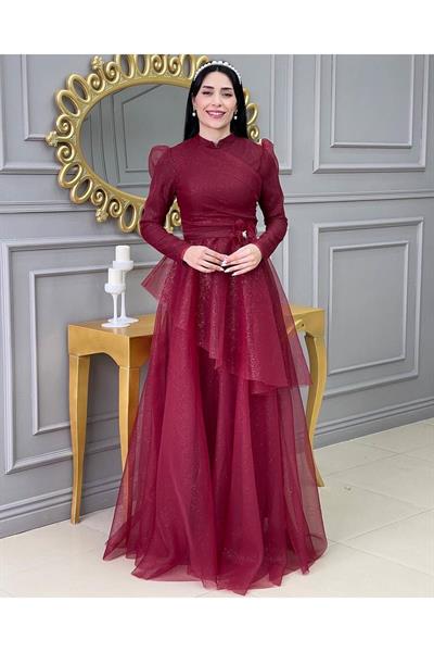 Simli Prenses Abiye 01150 Bordo