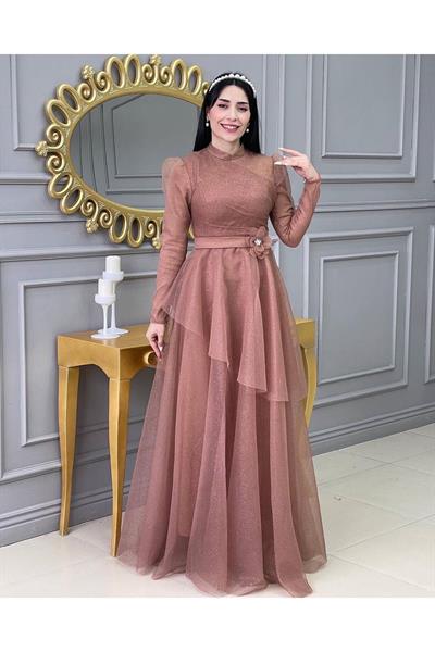 Simli Prenses Abiye 01150 Kahverengi