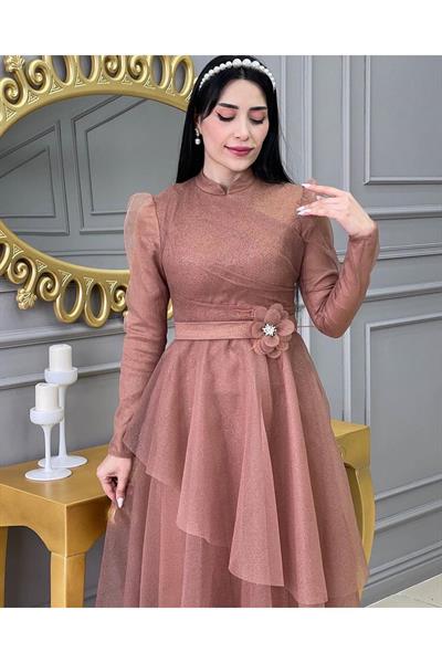 Simli Prenses Abiye 01150 Kahverengi