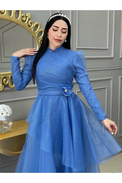 Simli Prenses Abiye 01150 Mavi