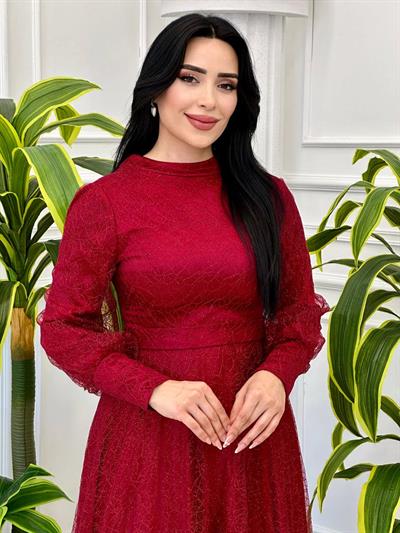 Simli Tül Abiye Elbise 9331 t-24 Bordo