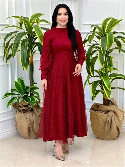 Simli Tül Abiye Elbise 9331 t-24 Bordo