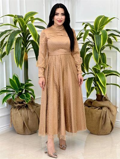 Simli Tül Abiye Elbise 9331 t-24 Gold