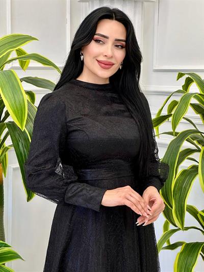 Simli Tül Abiye Elbise 9331 t-24 Siyah