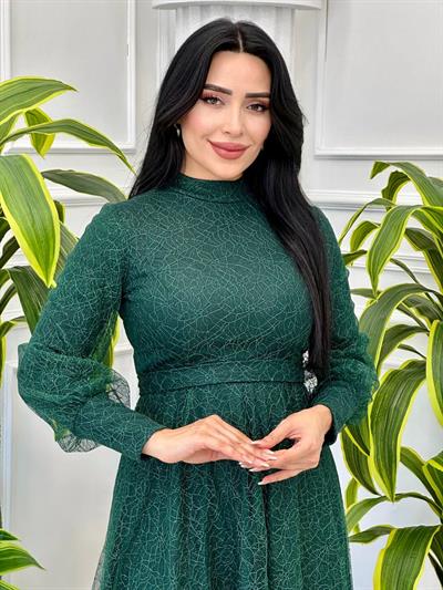 Simli Tül Abiye Elbise 9331 t-24 Yeşil