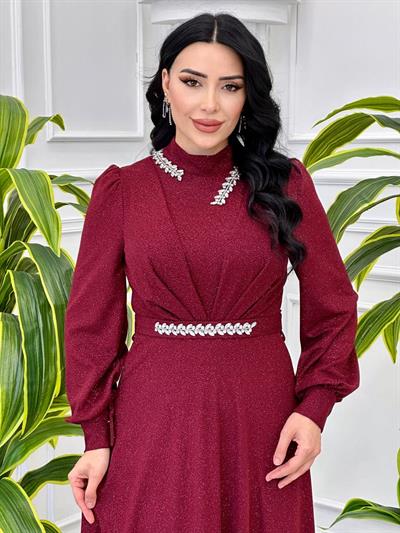 Simli Yakası Pileli Elbise 4386 T-24 Bordo