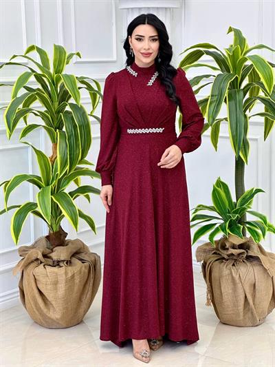 Simli Yakası Pileli Elbise 4386 T-24 Bordo