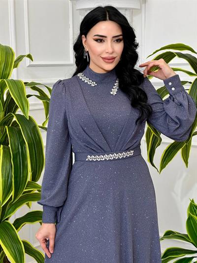 Simli Yakası Pileli Elbise 4386 T-24 Gri