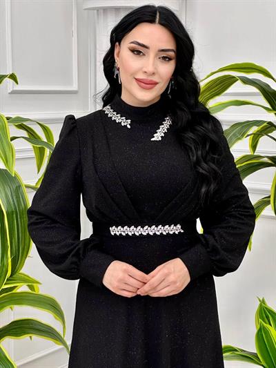 Simli Yakası Pileli Elbise 4386 T-24 Siyah