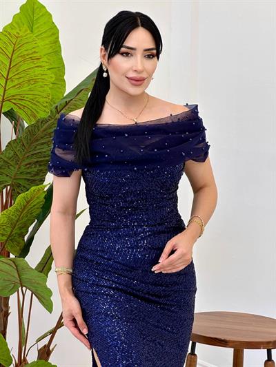 Straplez Payetli Abiye 4971 Lacivert