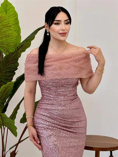 Straplez Payetli Abiye 4971 Pudra