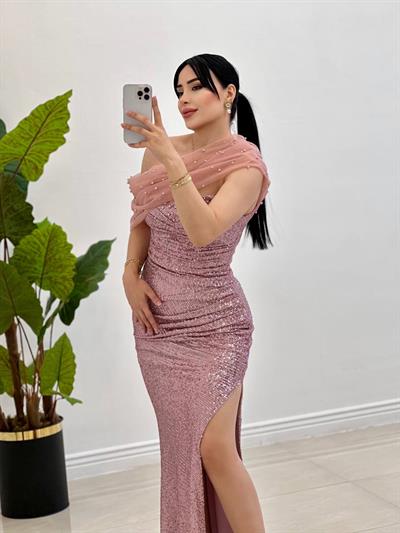 Straplez Payetli Abiye 4971 Pudra