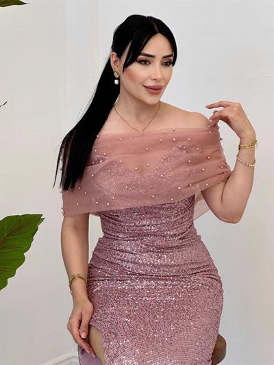 Straplez Payetli Abiye 4971 Pudra