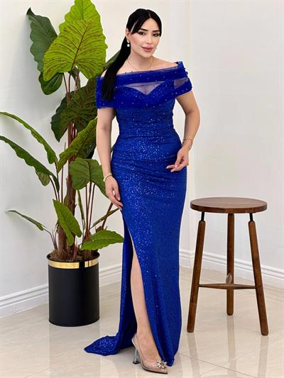 Straplez Payetli Abiye 4971 Saks