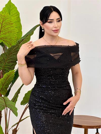Straplez Payetli Abiye 4971 Siyah