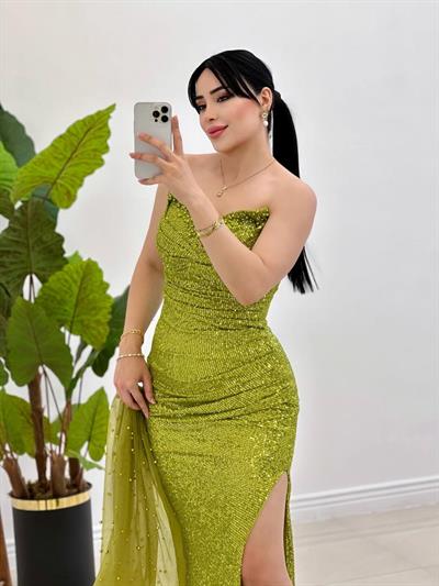 Straplez Payetli Abiye 4971 Yağ Yeşili