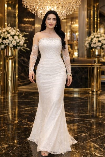 Straplez Seyyar Kolluk Güpür Abiye 193 T-26 Beyaz