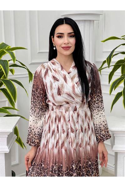 Sulu Desen Kruvaze Şifon Elbise 3889 Beyaz Kahve