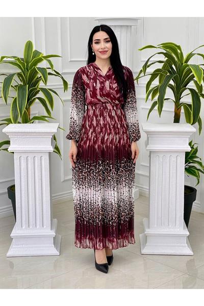 Sulu Desen Kruvaze Şifon Elbise 3889 Bordo