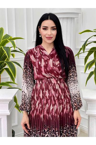 Sulu Desen Kruvaze Şifon Elbise 3889 Bordo
